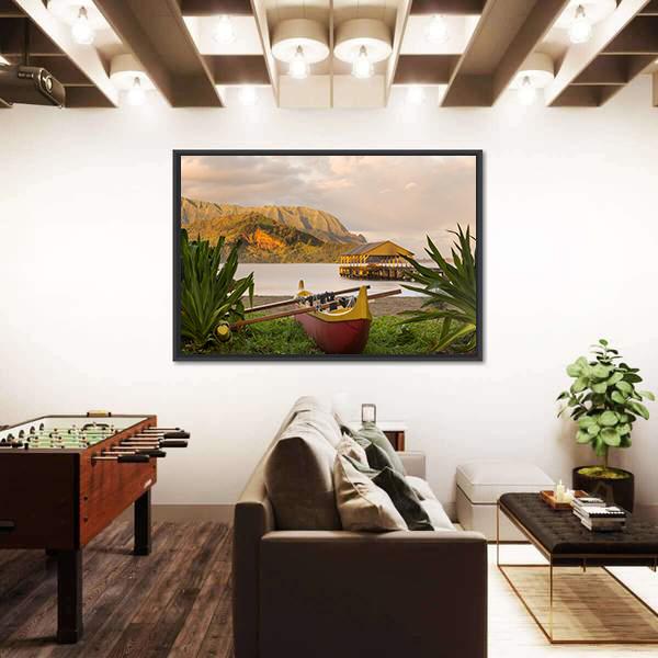 Red And Yellow Hawaiian Canoe With Outrigger On The Beach Canvas Wall Art-5 Horizontal-Gallery Wrap-22" x 12"-Tiaracle