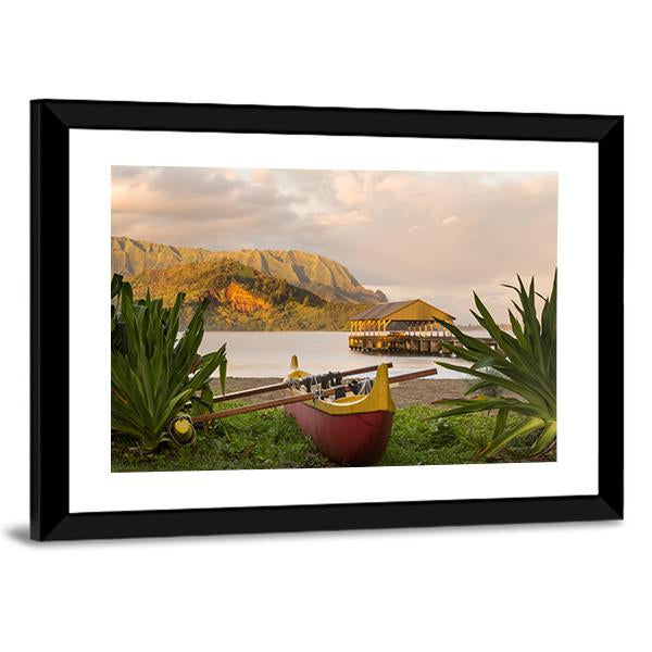 Red And Yellow Hawaiian Canoe With Outrigger On The Beach Canvas Wall Art-5 Horizontal-Gallery Wrap-22" x 12"-Tiaracle
