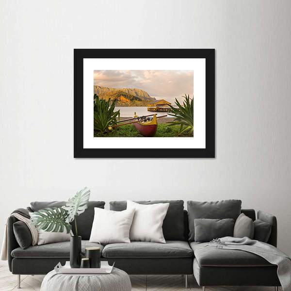 Red And Yellow Hawaiian Canoe With Outrigger On The Beach Canvas Wall Art-5 Horizontal-Gallery Wrap-22" x 12"-Tiaracle