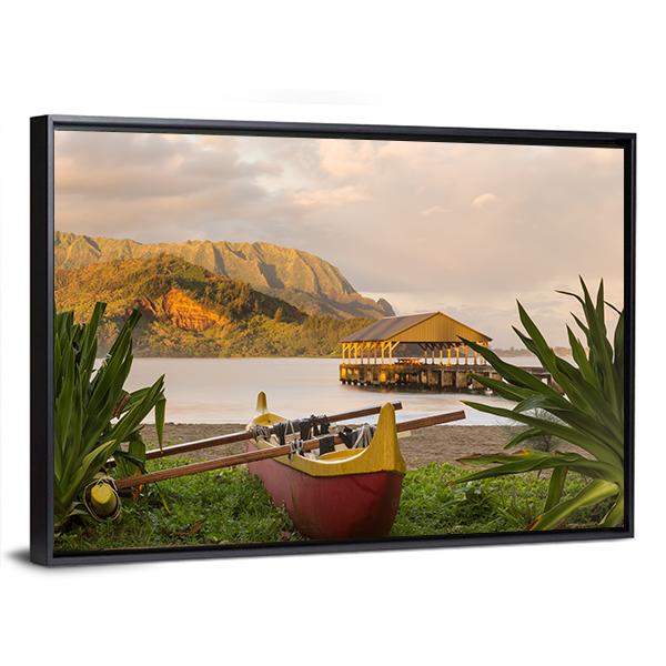 Red And Yellow Hawaiian Canoe With Outrigger On The Beach Canvas Wall Art-5 Horizontal-Gallery Wrap-22" x 12"-Tiaracle