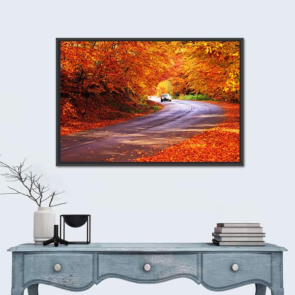 Red Autumn Sunny Road With Blurred Car Canvas Wall Art-1 Piece-Floating Frame-24" x 16"-Tiaracle