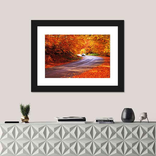Red Autumn Sunny Road With Blurred Car Canvas Wall Art-1 Piece-Framed Print-20" x 16"-Tiaracle