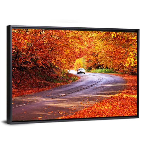 Red Autumn Sunny Road With Blurred Car Canvas Wall Art-3 Horizontal-Gallery Wrap-25" x 16"-Tiaracle