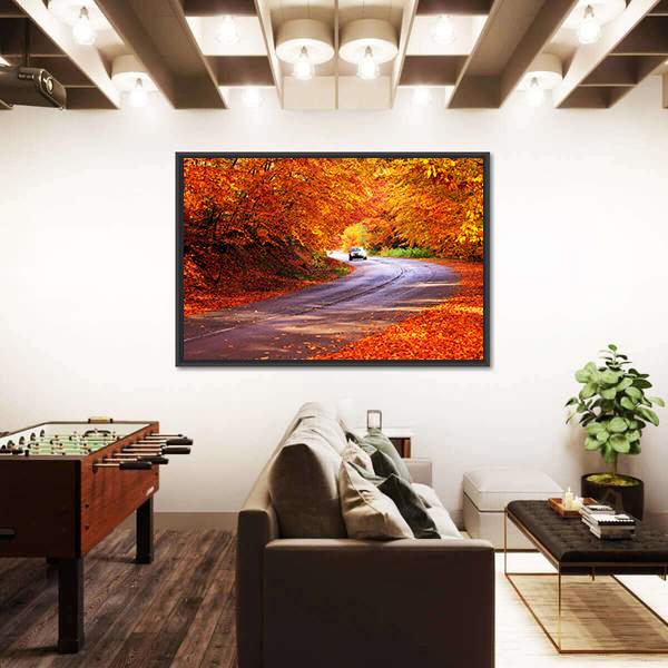 Red Autumn Sunny Road With Blurred Car Canvas Wall Art-3 Horizontal-Gallery Wrap-25" x 16"-Tiaracle
