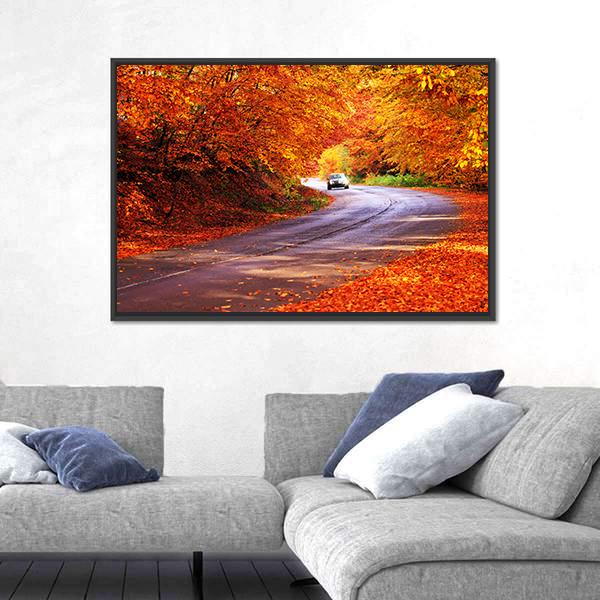 Red Autumn Sunny Road With Blurred Car Canvas Wall Art-3 Horizontal-Gallery Wrap-25" x 16"-Tiaracle