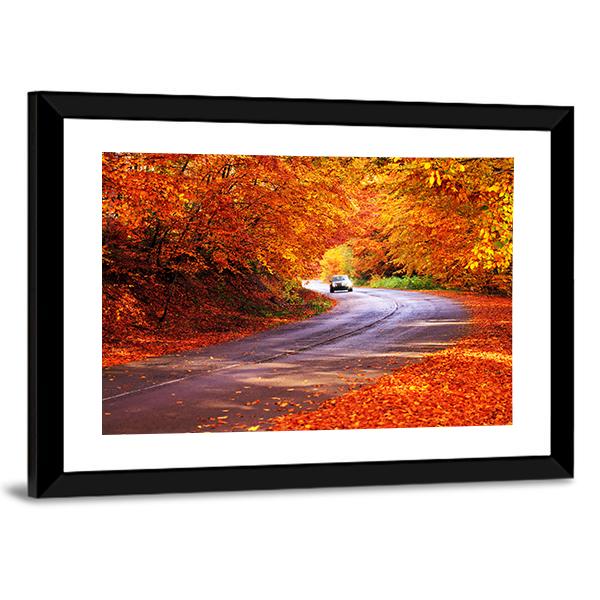 Red Autumn Sunny Road With Blurred Car Canvas Wall Art-3 Horizontal-Gallery Wrap-25" x 16"-Tiaracle
