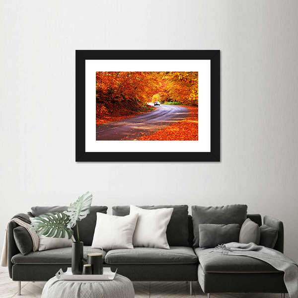 Red Autumn Sunny Road With Blurred Car Canvas Wall Art-3 Horizontal-Gallery Wrap-25" x 16"-Tiaracle