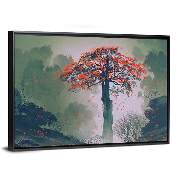 Red Autumn Tree Canvas Wall Art-5 Horizontal-Gallery Wrap-22" x 12"-Tiaracle