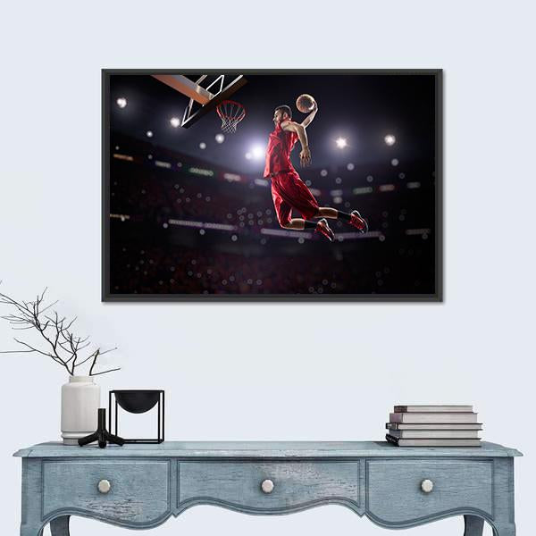 Red Basketball Player In Action Canvas Wall Art-1 Piece-Floating Frame-24" x 16"-Tiaracle
