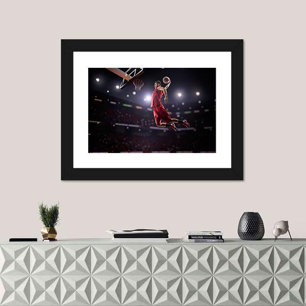 Red Basketball Player In Action Canvas Wall Art-1 Piece-Framed Print-20" x 16"-Tiaracle