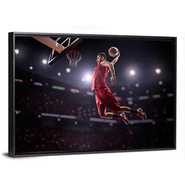 Red Basketball Player In Action Canvas Wall Art-3 Horizontal-Gallery Wrap-25" x 16"-Tiaracle