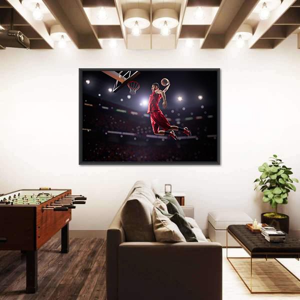 Red Basketball Player In Action Canvas Wall Art-3 Horizontal-Gallery Wrap-25" x 16"-Tiaracle