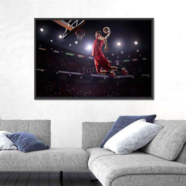 Red Basketball Player In Action Canvas Wall Art-3 Horizontal-Gallery Wrap-25" x 16"-Tiaracle