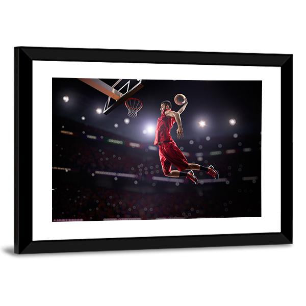 Red Basketball Player In Action Canvas Wall Art-3 Horizontal-Gallery Wrap-25" x 16"-Tiaracle