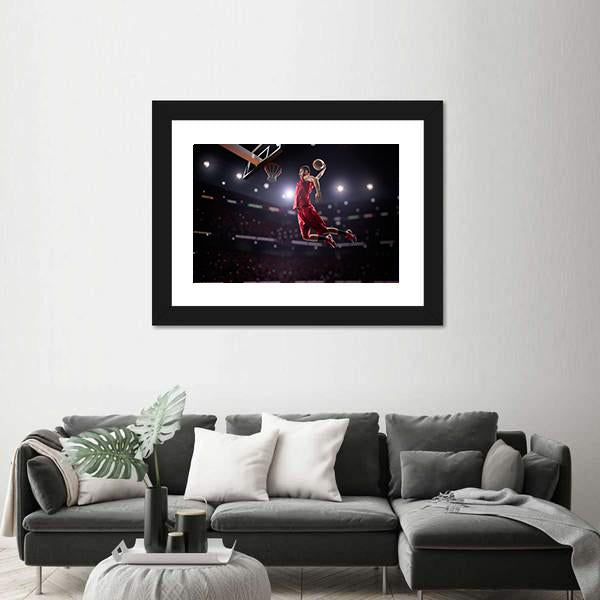 Red Basketball Player In Action Canvas Wall Art-3 Horizontal-Gallery Wrap-25" x 16"-Tiaracle