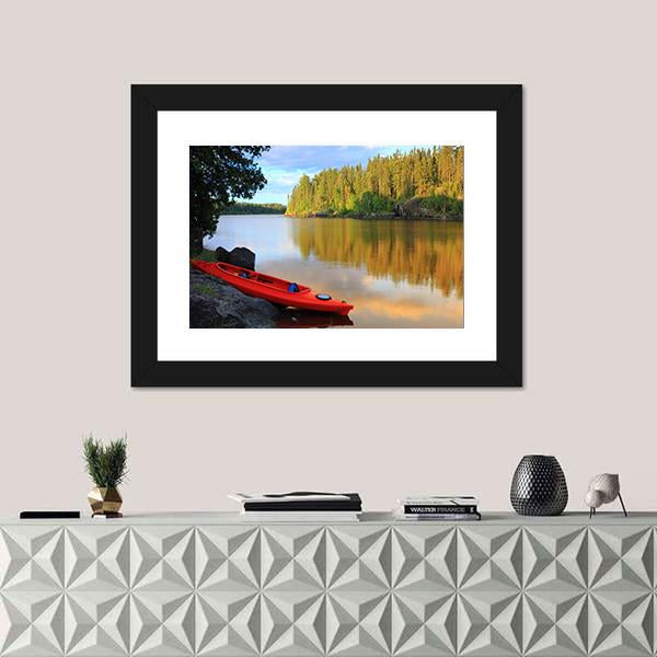 Red Canoe Sitting On Rocks At Lake Canvas Wall Art-1 Piece-Framed Print-20" x 16"-Tiaracle