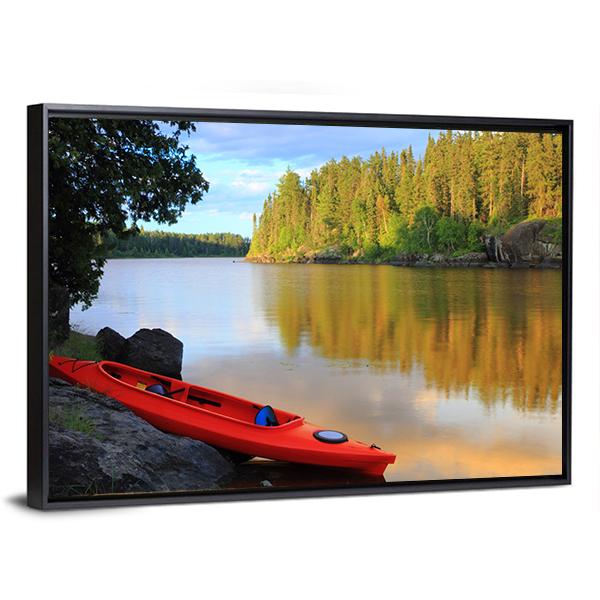 Red Canoe Sitting On Rocks At Lake Canvas Wall Art-3 Horizontal-Gallery Wrap-25" x 16"-Tiaracle