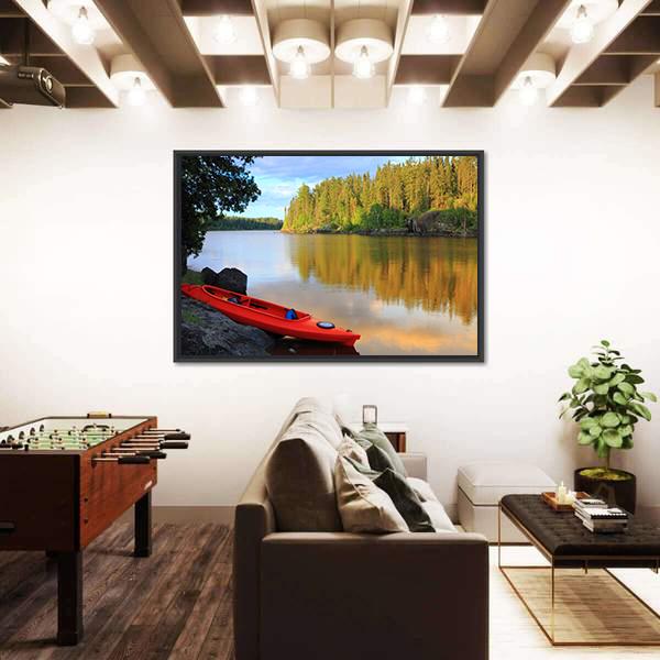 Red Canoe Sitting On Rocks At Lake Canvas Wall Art-3 Horizontal-Gallery Wrap-25" x 16"-Tiaracle