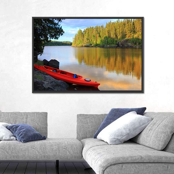Red Canoe Sitting On Rocks At Lake Canvas Wall Art-3 Horizontal-Gallery Wrap-25" x 16"-Tiaracle