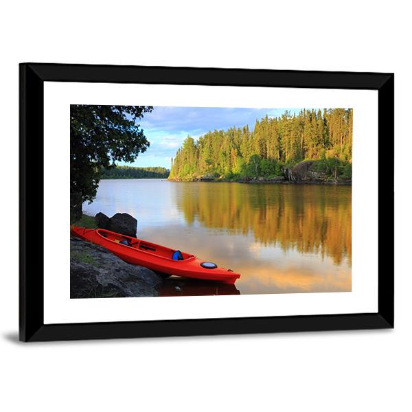 Red Canoe Sitting On Rocks At Lake Canvas Wall Art-3 Horizontal-Gallery Wrap-25" x 16"-Tiaracle