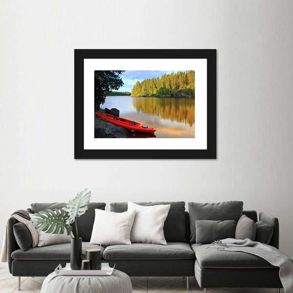 Red Canoe Sitting On Rocks At Lake Canvas Wall Art-3 Horizontal-Gallery Wrap-25" x 16"-Tiaracle