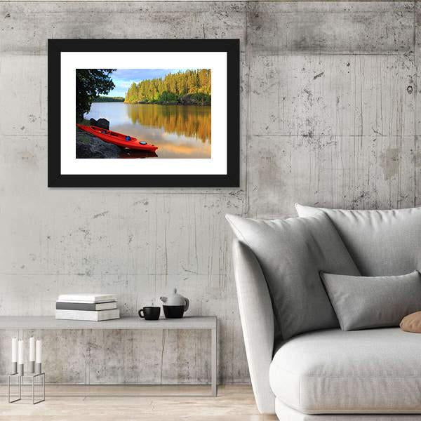 Red Canoe Sitting On Rocks At Lake Canvas Wall Art-3 Horizontal-Gallery Wrap-25" x 16"-Tiaracle