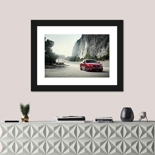 Red Car Mazda Standing On The Road Near Mountains Canvas Wall Art-1 Piece-Framed Print-20" x 16"-Tiaracle