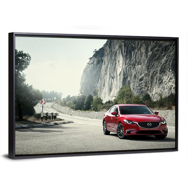 Red Car Mazda Standing On The Road Near Mountains Canvas Wall Art-3 Horizontal-Gallery Wrap-25" x 16"-Tiaracle