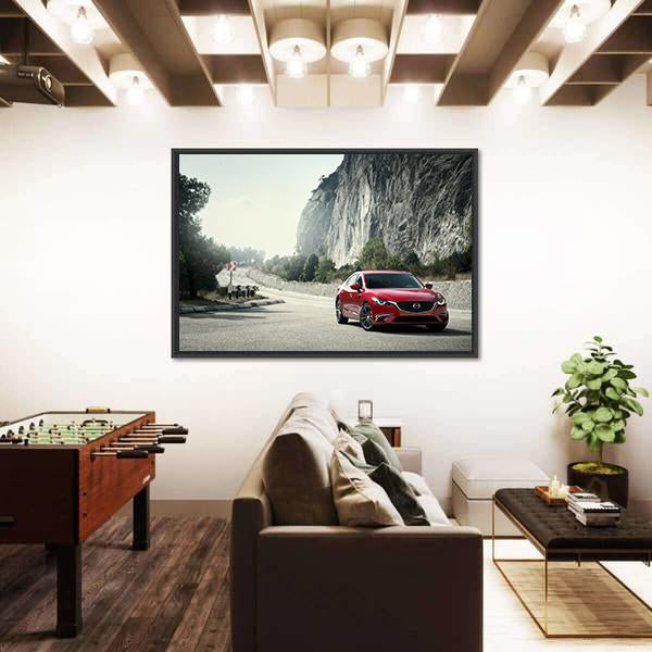 Red Car Mazda Standing On The Road Near Mountains Canvas Wall Art-3 Horizontal-Gallery Wrap-25" x 16"-Tiaracle
