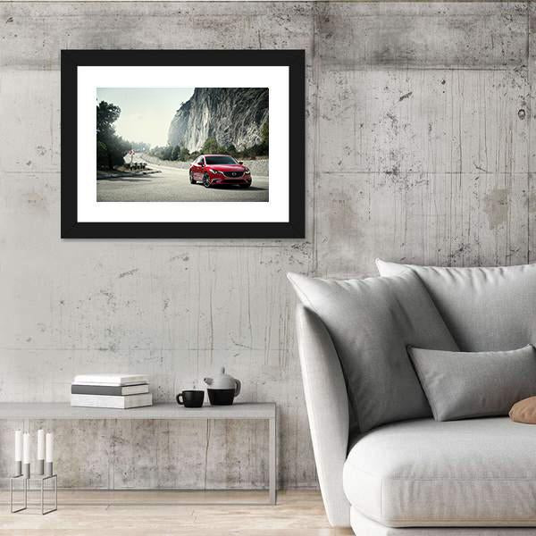 Red Car Mazda Standing On The Road Near Mountains Canvas Wall Art-3 Horizontal-Gallery Wrap-25" x 16"-Tiaracle