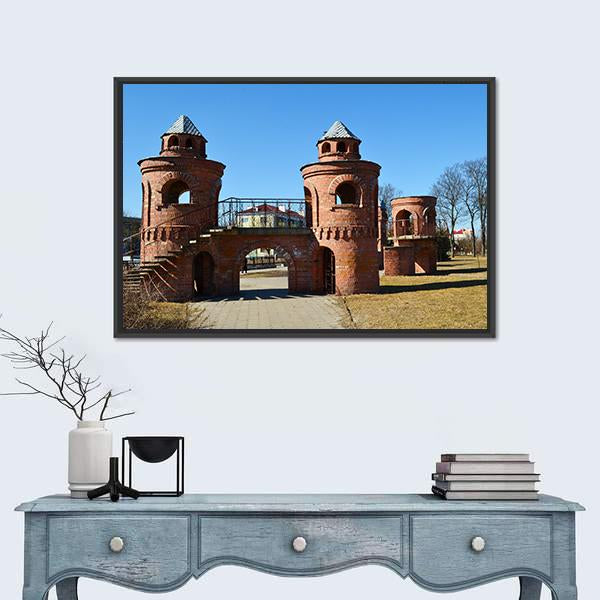 Red Children's Castle In Pinsk Belarus Canvas Wall Art-1 Piece-Floating Frame-24" x 16"-Tiaracle