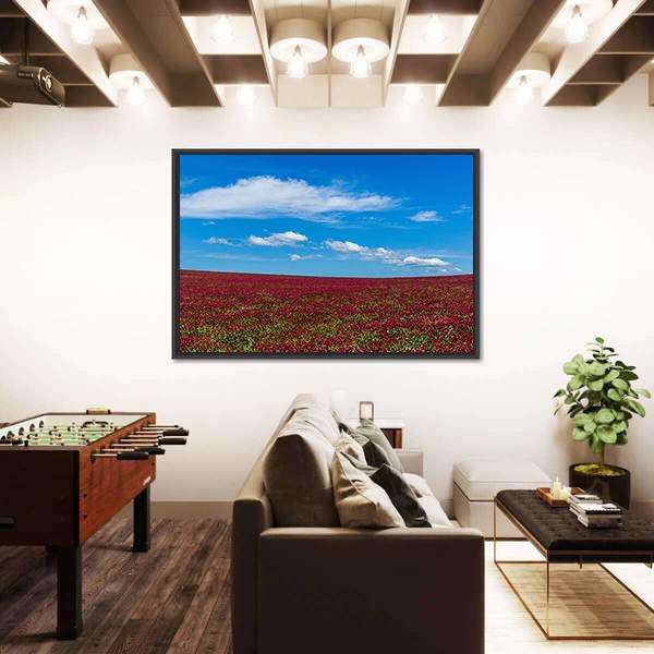 Red Clover Field And Blue Sky Canvas Wall Art-3 Horizontal-Gallery Wrap-25" x 16"-Tiaracle