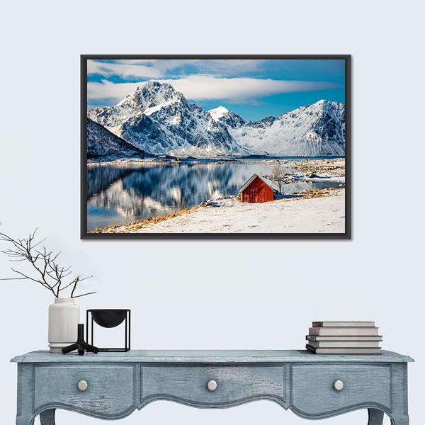 Red Cottage Near The Lake Water Canvas Wall Art-1 Piece-Floating Frame-24" x 16"-Tiaracle