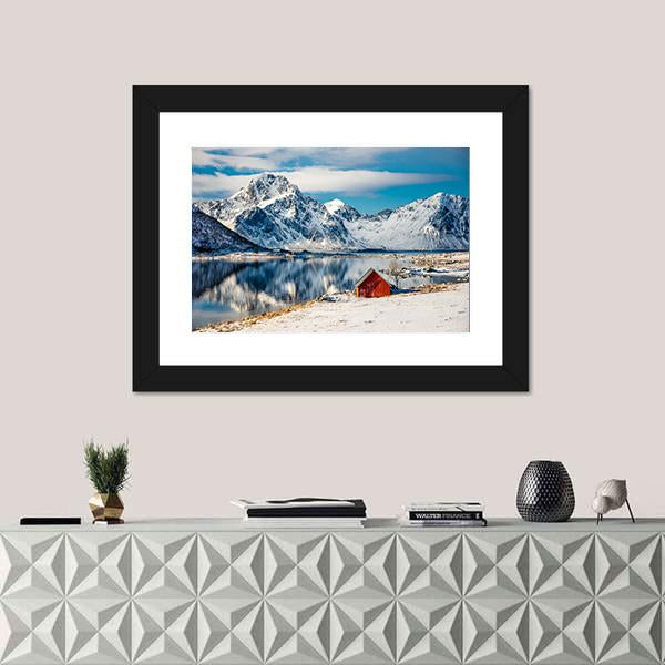 Red Cottage Near The Lake Water Canvas Wall Art-1 Piece-Framed Print-20" x 16"-Tiaracle