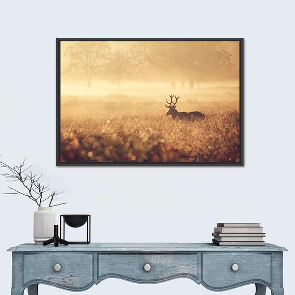 Red Deer Stag In Autumn Mist Canvas Wall Art-1 Piece-Floating Frame-36" x 24"-Tiaracle