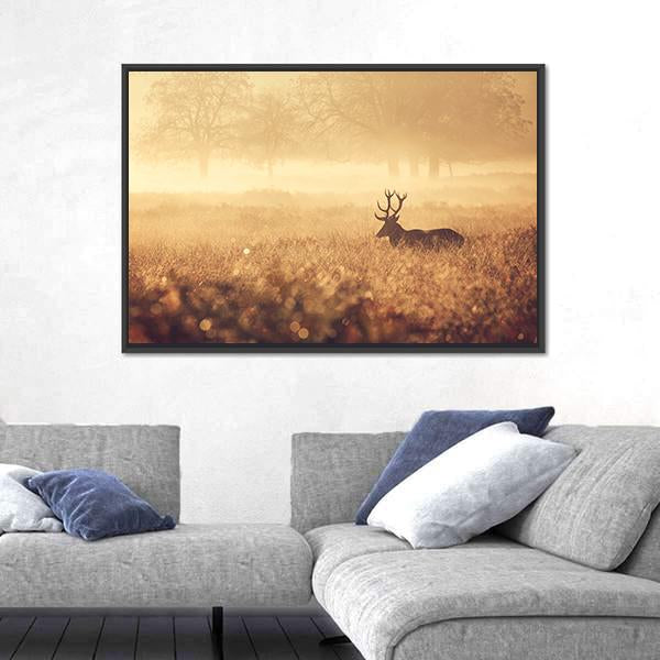 Red Deer Stag In Autumn Mist Canvas Wall Art-5 Horizontal-Gallery Wrap-22" x 12"-Tiaracle