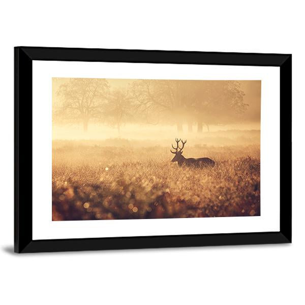 Red Deer Stag In Autumn Mist Canvas Wall Art-3 Horizontal-Gallery Wrap-25" x 16"-Tiaracle