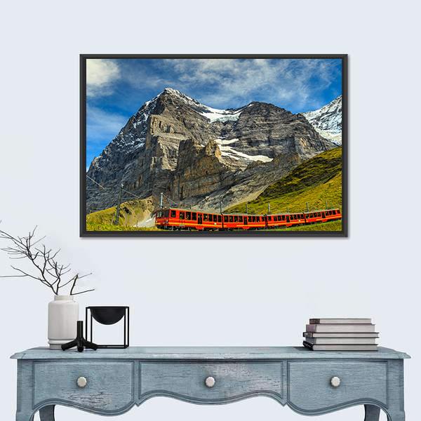 Red Electric Train Switzerland Canvas Wall Art-1 Piece-Floating Frame-24" x 16"-Tiaracle