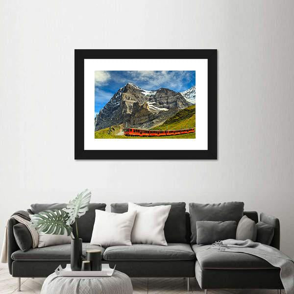 Red Electric Train Switzerland Canvas Wall Art-3 Horizontal-Gallery Wrap-25" x 16"-Tiaracle
