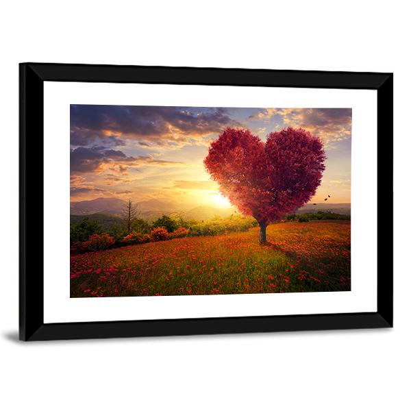 Red Heart Shaped Tree At Sunset Canvas Wall Art-5 Horizontal-Gallery Wrap-22" x 12"-Tiaracle