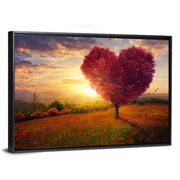 Red Heart Shaped Tree At Sunset Canvas Wall Art-5 Horizontal-Gallery Wrap-22" x 12"-Tiaracle