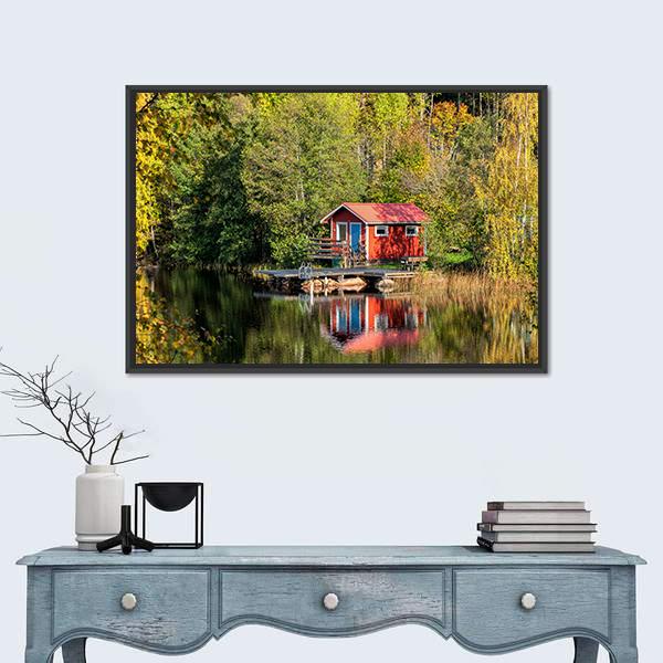 Red Little Cabin At Lake In Sweden Canvas Wall Art-1 Piece-Floating Frame-24" x 16"-Tiaracle
