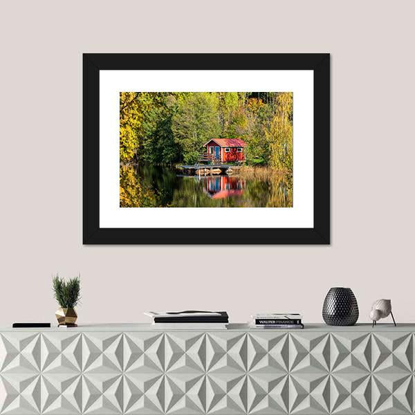 Red Little Cabin At Lake In Sweden Canvas Wall Art-1 Piece-Framed Print-20" x 16"-Tiaracle