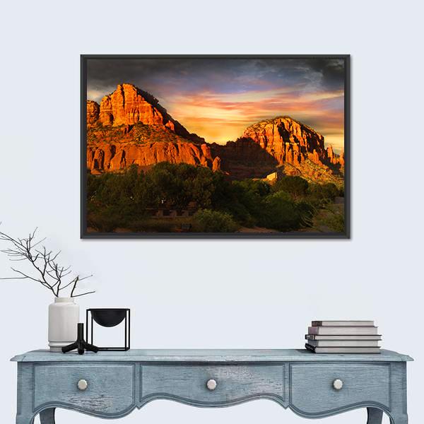 Sedona Red Rock Mountains at Sunset Canvas Wall Art in red, orange and yellow, framed canvas, product view on a white background