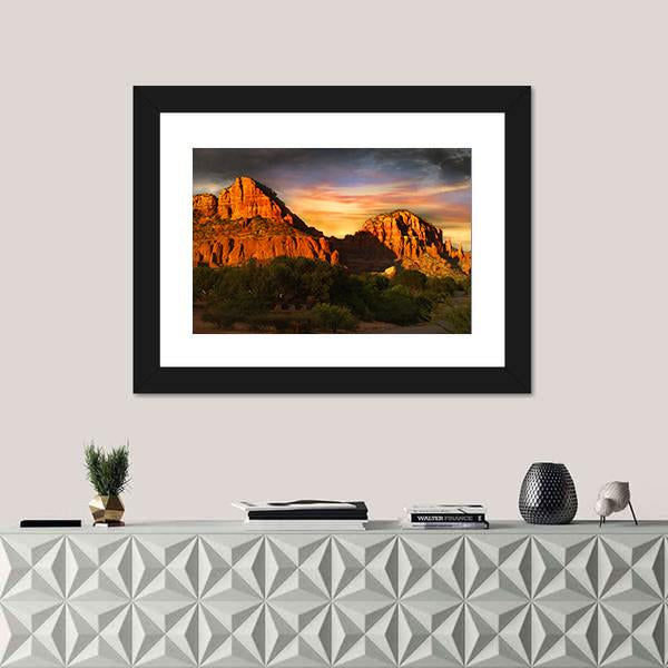 Sedona Red Rock Mountains at Sunset Canvas Wall Art in red, orange and yellow, framed print, product view on a white background