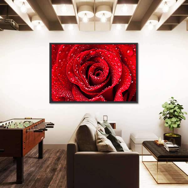 Red Rose With Dew Drops Canvas Wall Art-3 Horizontal-Gallery Wrap-25" x 16"-Tiaracle