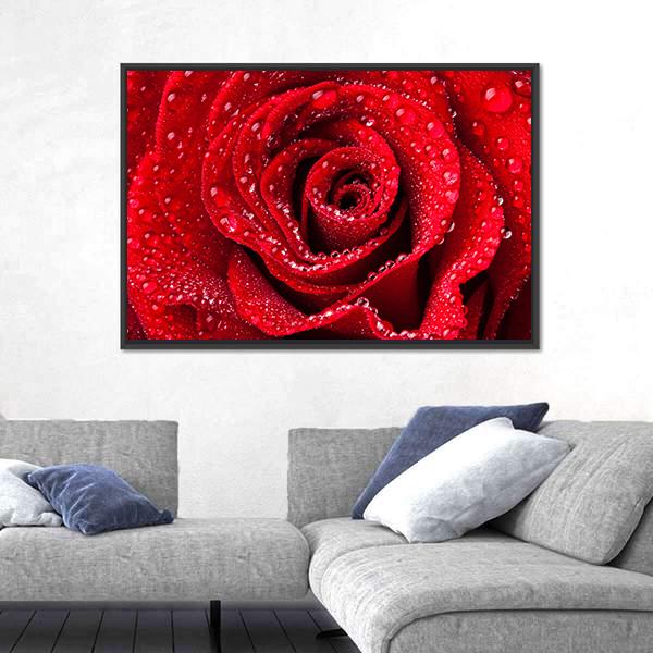 Red Rose With Dew Drops Canvas Wall Art-3 Horizontal-Gallery Wrap-25" x 16"-Tiaracle