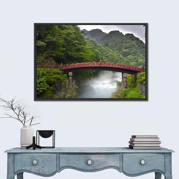 Red Sacred Bridge Shinkyo in Nikko Canvas Wall Art-1 Piece-Floating Frame-24" x 16"-Tiaracle