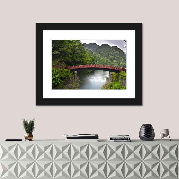 Red Sacred Bridge Shinkyo in Nikko Canvas Wall Art-1 Piece-Framed Print-20" x 16"-Tiaracle