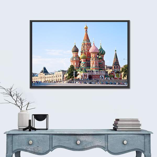 Red Square With Vasilevsky Descent In Moscow Canvas Wall Art-1 Piece-Floating Frame-24" x 16"-Tiaracle